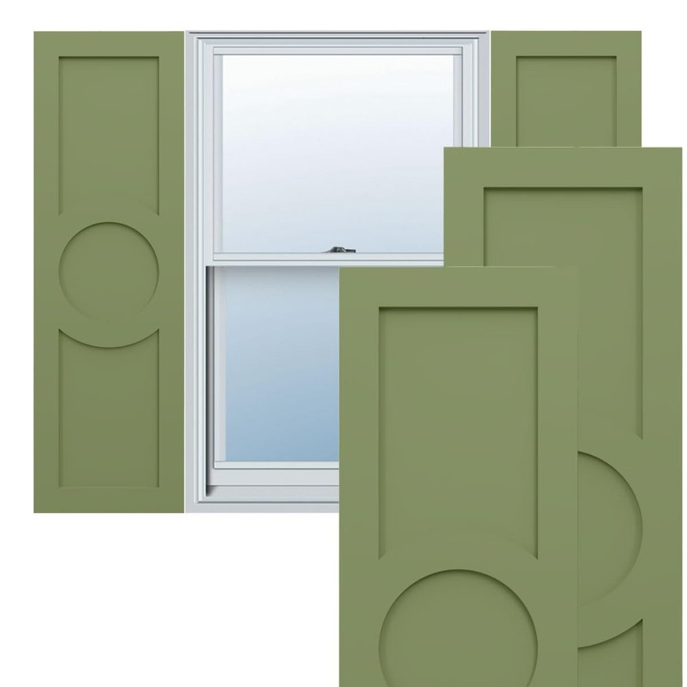 18"W x 30"H True Fit PVC Center Circle Arts & Crafts Fixed Mount Shutters, Moss Green (Per Pair - Hardware Not Included)