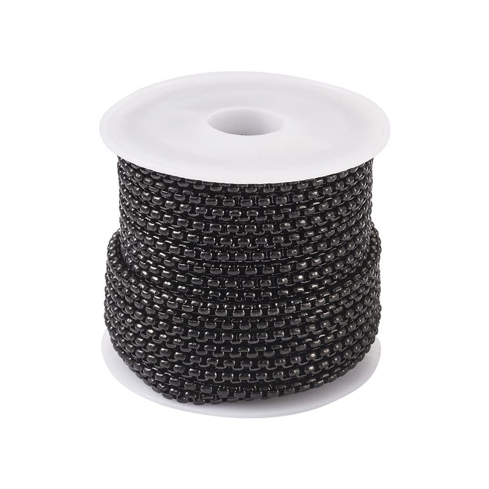16.4 Feet 304 Stainless Steel Venetian Chains Black Unwelded Metal Square Rolo Link Round Box Chain 2.5x1.2mm with Spool for Women Men Gifts Jewelry Making Findings Supplies