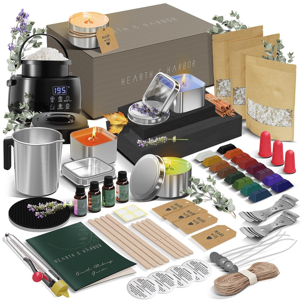 Hearth & Harbor Organic Soy Candle Making Kit for Adults, DIY Crafts, Complete Candle Making Supplies Include Natural Soy Wax, Tins, Electric Pot, Scents, Wicks & More Gift Idea, Home Decor 2 Lbs