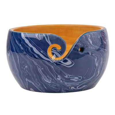 INTAJ Handmade Wooden Yarn Bowl for Knitting - Exquisite Yarn Storage Bowl Handcrafted - Christmas Gift (L (6"Dia x 4"H), Navy Blue)