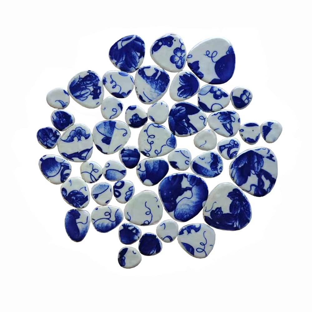 1 Pound Blue and White Porcelain Mosaic Tiles Oval Mixed Size Mosaic Ceramic Pieces for Mosaic Craft Stool Flowerpot Handmade Home Decoration