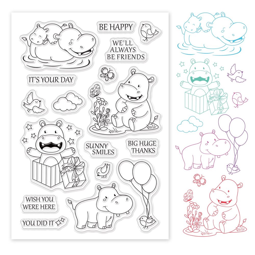 GLOBLELAND Happy Hippo Silicone Clear Stamps Transparent Stamps for People Birthday Valentine's Day Cards Making DIY Scrapbooking Photo Album Decoration Paper Craft