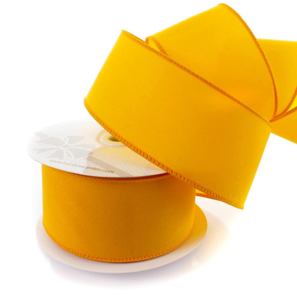 2.5" Wired Suede Velvet Ribbon Soft Velvet Fabric with Wired Edges for Bows, Holiday Wreaths, Gift Wrapping, Floral Arrangements and DIY Craft Projects (Yellow Gold, 25 yds)