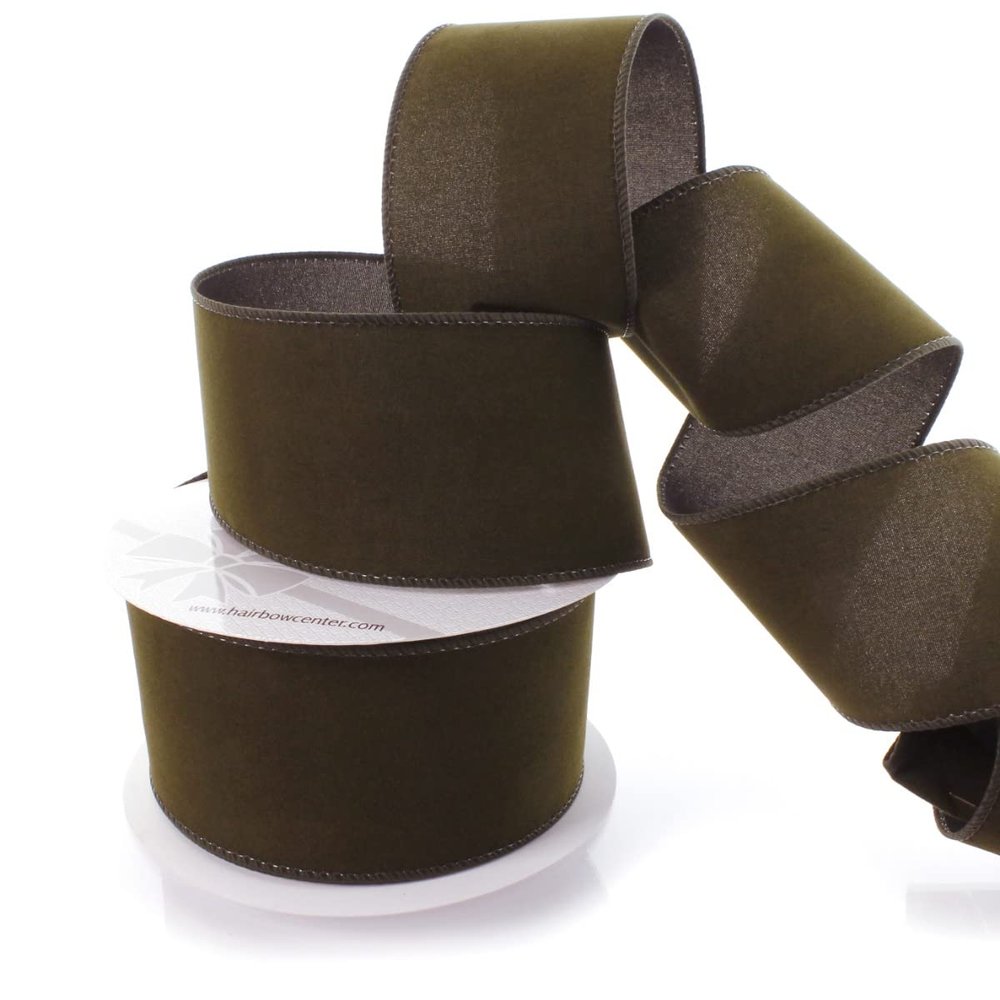 2.5" Wired Suede Velvet Ribbon Soft Velvet Fabric with Wired Edges for Bows, Holiday Wreaths, Gift Wrapping, Floral Arrangements and DIY Craft Projects (Olive Green, 25 yds)