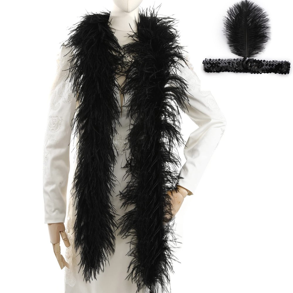 Soarer Black Ostrich Feather Boas 2yards 3ply Long Boas for Party, DIY Production, Clothing Decoration (Black)