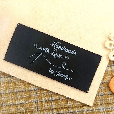 50pcs Black Fabric tag Custom Clothing Label Personalized Sewing tag Handmade with Love by Your Name Needle and Thread Design Black Silky Satin end fold tag Flat Sewing sew in Label