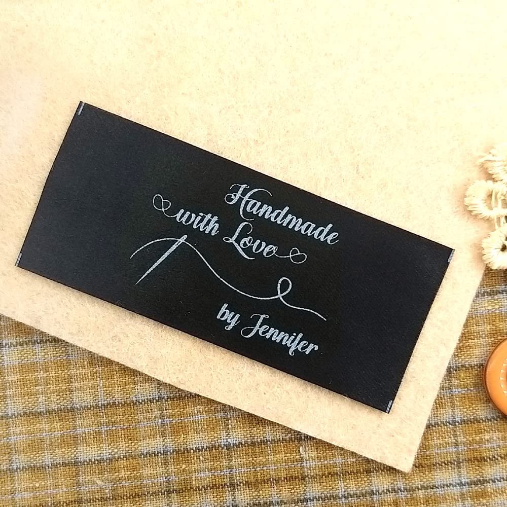 50pcs Black Fabric tag Custom Clothing Label Personalized Sewing tag Handmade with Love by Your Name Needle and Thread Design Black Silky Satin end fold tag Flat Sewing sew in Label