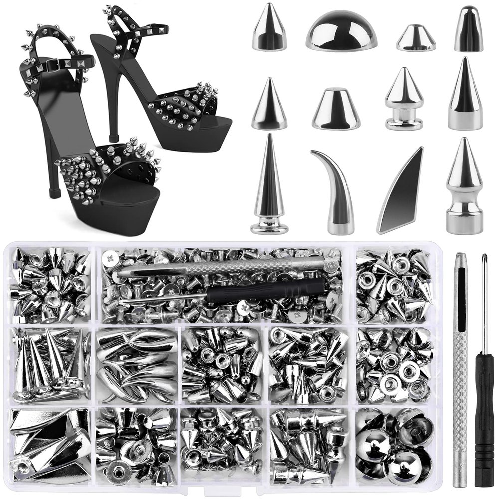 270 Sets Spikes and Studs, Kalolary Mixed Shape Punk Spike Rivets Silvery Metallic Cone Screw Back Studs with Install Tools for Leather Craft Clothing Shoes Belts Bags Dog Collars