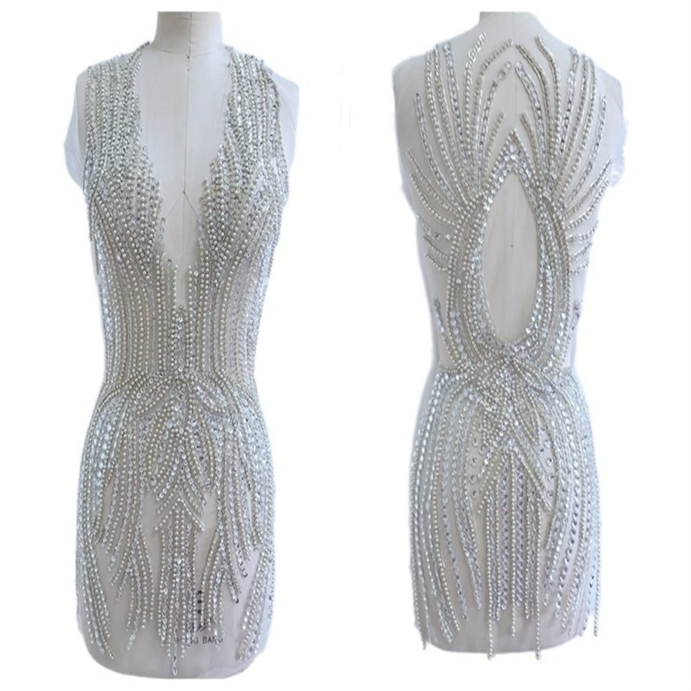 YUNSI Hand-Made Custom Wedding Pageant Ball Dress Sew On Rhinestones Crystal for DIY Designer Tailored Patch Appliqued Bodice(Natural)