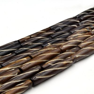 Bone Beads | Carved Ox Bone Tube/Barrel Beads | Dark Brown Diagonal Line