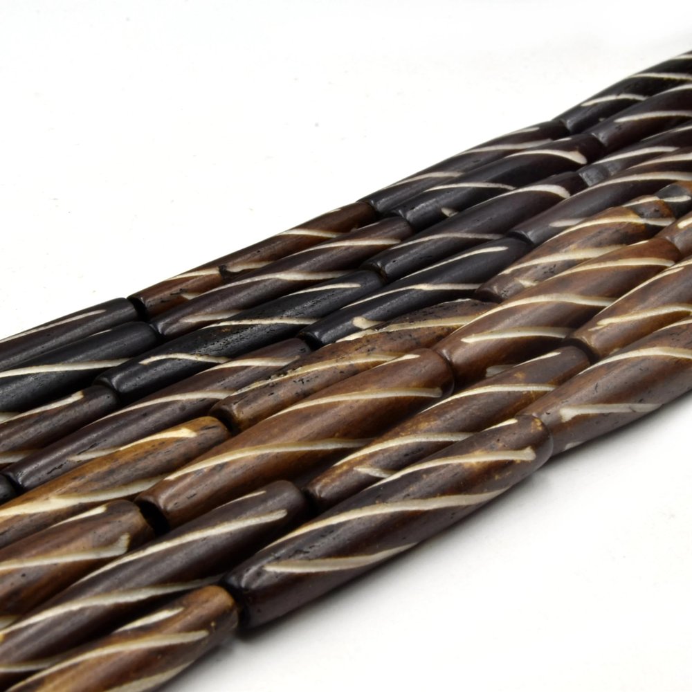 Bone Beads | Carved Ox Bone Tube/Barrel Beads | Dark Brown Diagonal Line