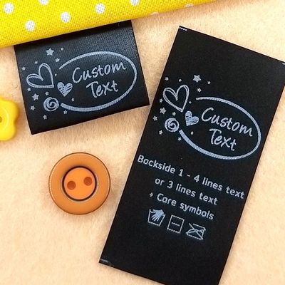 Personalized Black Fabric Labels for Clothing Handmade Crafty Heart Border Pattern Custom Logo Folding fold Over Hanging tag Sewing sew on Tags