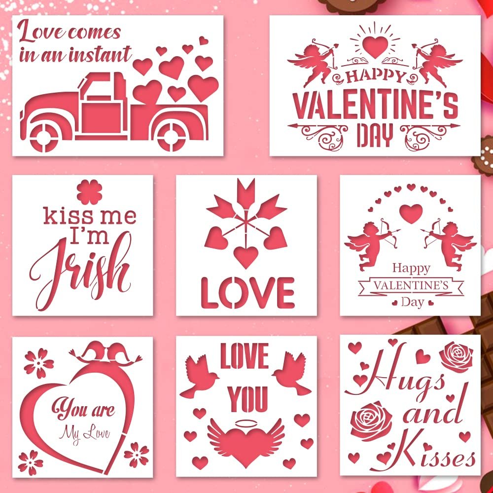8 Pcs Valentine's Day Stencils for Painting on Wood, Loving Heart Reusable Plastic Stencils Rose Flowers Craft Painting Templates for Valentine's Day Wedding Party DIY Home Decor