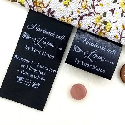 50 Personalized Fabric Tags for Clothing Handmade with Love Arrow Pattern Custom Logo Black Satin Tags Folding fold Over Hanging Labels Sewing sew on Tags