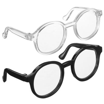 NUOBESTY 2Pcs Mini Doll Glasses for 15-20cm Plush Figures, Round Plastic Eyeglasses Costume Accessories, Tiny Sunglasses Props for Dressing 6-8 Inch Dolls, Black & Clear