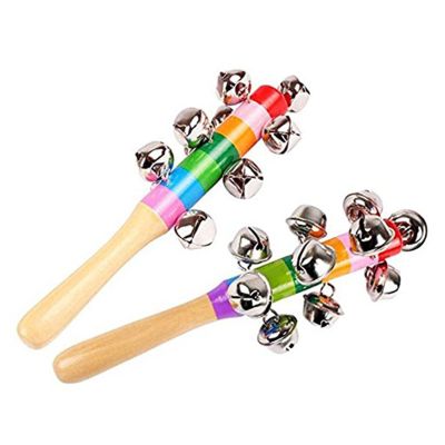 2 Pack Vivid Color Rainbow Handle Wooden Bells Jingle Stick Shaker Rattle 10 Jingle Bells Interactive Musical Bell