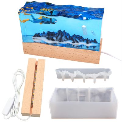 Voaesdk Rectangle Resin Silicone Molds Mountain Sea Light Cube Resina Moulds with USB Wooden Lamp Base for Paperweight,Marine Theme,Preserved Flower,DIY Craft