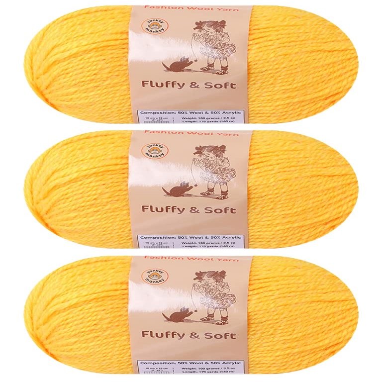 3-Pack Fluffy Wool Blend by Yonkey Monkey. Knitting Crochet DIY Art Crafts (Yellow 003)