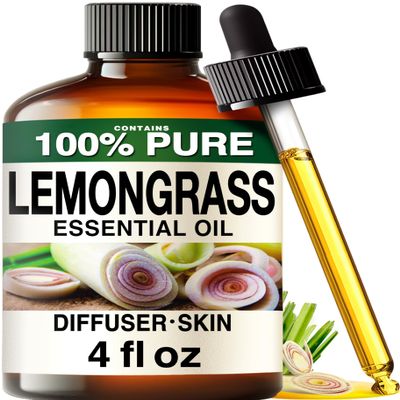 100% Pure Lemongrass Oil - 4 Fl Oz Lemongrass Essential Oil for Hair, Skin, Diffuser, Aromatherapy & DIY Soap Making Scent