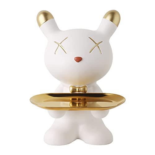 Ceramic Joe Creative Rabbit Resin Tray Handmade Key Jewelry Watch Storage Tray Home Living Room Table Decoration (White-10in)