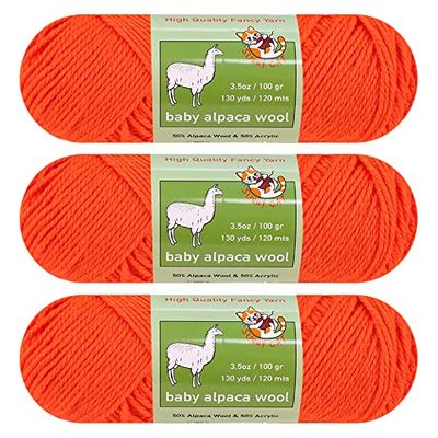 Baby Alpaca Luxury Wool Blend Yarn Worsted Weight 3 skeins (100g/3.5oz/Each) Art Crafts Crochet and Knitting Sunny Cat Premium Brand (43 Peach Orange)