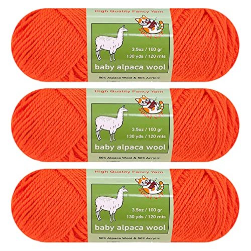 Baby Alpaca Luxury Wool Blend Yarn Worsted Weight 3 skeins (100g/3.5oz/Each) Art Crafts Crochet and Knitting Sunny Cat Premium Brand (43 Peach Orange)