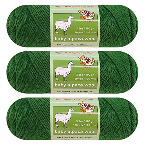 3-Pack Baby Alpaca Wool Blend Yarn Worsted Weight Fashion Collection Art Crafts Crochet and Knitting Sunny Cat Premium Brand (Spring Green)