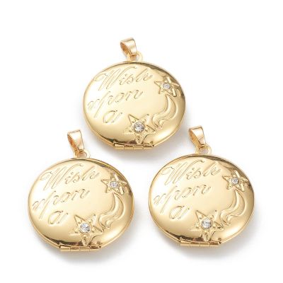 Craftdady 10pcs 18K Gold Flat Round Photo Locket Pendants Brass Cubic Zirconia Picture Frame Charms with Moon Star Pattern 29.5x25.5mm for Necklaces Personalized Jewelry Crafts Making