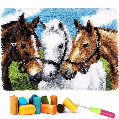EMISTEM Latch Hook Kits for Adults - DIY Latch Hook Rug Kits, Crochet Kit for Beginners, Rug Making Kits with Printed Canvas, Gift Packaging. (Three Horses,15x21)