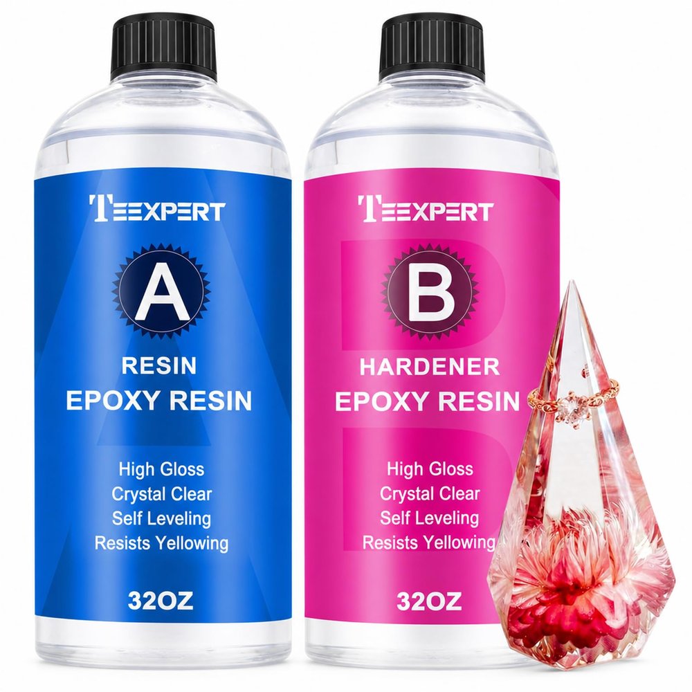 Teexpert Epoxy Resin Crystal Clear: 64OZ Epoxy Resin kit Fast Curing Heat Resistant for Casting Coating Art DIY Craft Jewelry Wood Table Top Flower Preservation- 2 Part(32OZ Resin and 32OZ Hardener)