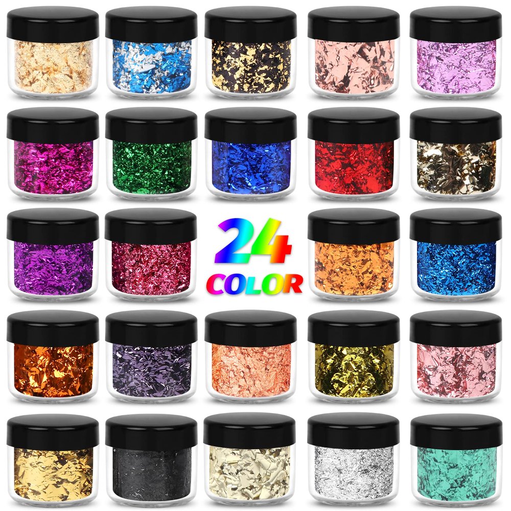 Mingjieus Gold Foil Flakes - 24 Color Metallic Gilding Flakes for Resin, Nails, Painting, Crafts