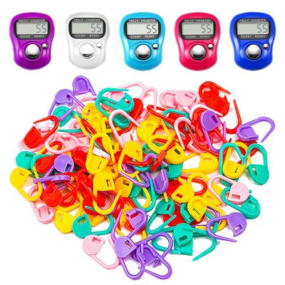 likerf 5Pcs Electronic Finger Counter Digital Counter Knitting LCD Knit Counter with 100Pcs Stitch Marker to Crochet Locking Clip Colorful Knitting Marker for Crocheting, Random Color