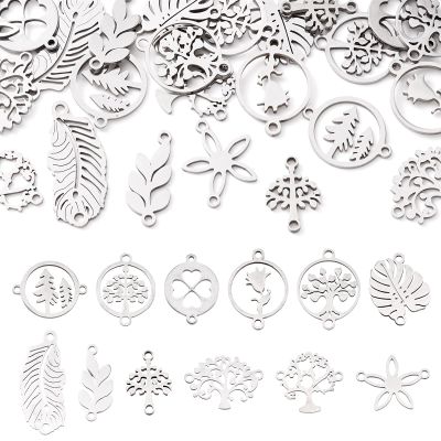 FASHEWELRY 48Pcs Stainless Steel Tree Leaf Connector Charms 12 Styles Flat Round with Clover Flower Links Charms for Jewelry Making Findings Accessory