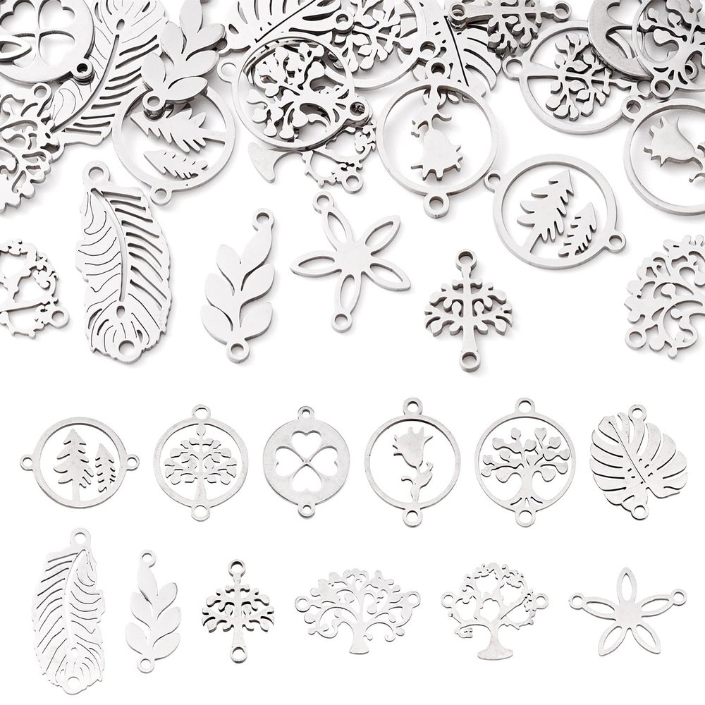 FASHEWELRY 48Pcs Stainless Steel Tree Leaf Connector Charms 12 Styles Flat Round with Clover Flower Links Charms for Jewelry Making Findings Accessory
