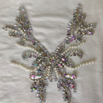 YUNSI 2PCS/Set Handmade V-Neck Dress Evening Clothing Rhinestone Accessories Wedding Dress Applique Decration(AB Colorful)