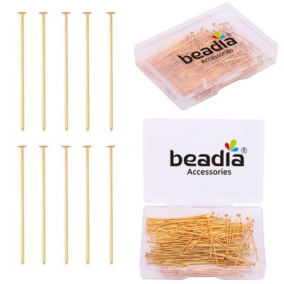 BEADIA 18K Gold Plated Flat Head Pins Non Tarnish 35mm 200pcs for Jewelry Making Findings