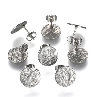 Beadthoven 10pcs Flat Round Stainless Steel Stud Earring Findings Matte Textured Platinum Ear Stud Post Earrings Findings with Loop Butterfly Backs for DIY Earrings Jewelry Making 12mm Pin: 0.8mm
