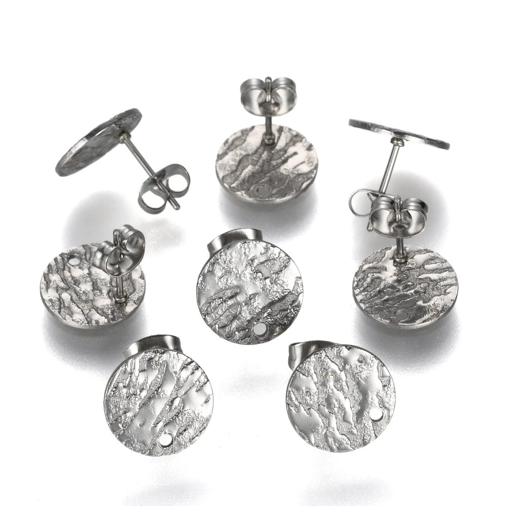 Beadthoven 10pcs Flat Round Stainless Steel Stud Earring Findings Matte Textured Platinum Ear Stud Post Earrings Findings with Loop Butterfly Backs for DIY Earrings Jewelry Making 12mm Pin: 0.8mm
