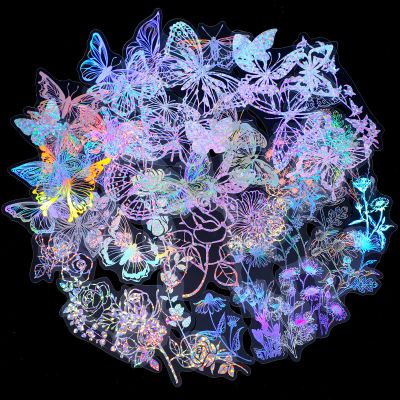 Suclain 180 Pcs Holographic Glitter Butterfly Sticker Set Waterproof Plant Decorative Flower Decal Glitter Adhesive Sticker for Scrapbooking Journal Planner Bottle Laptop(Flowers and Butterflies)