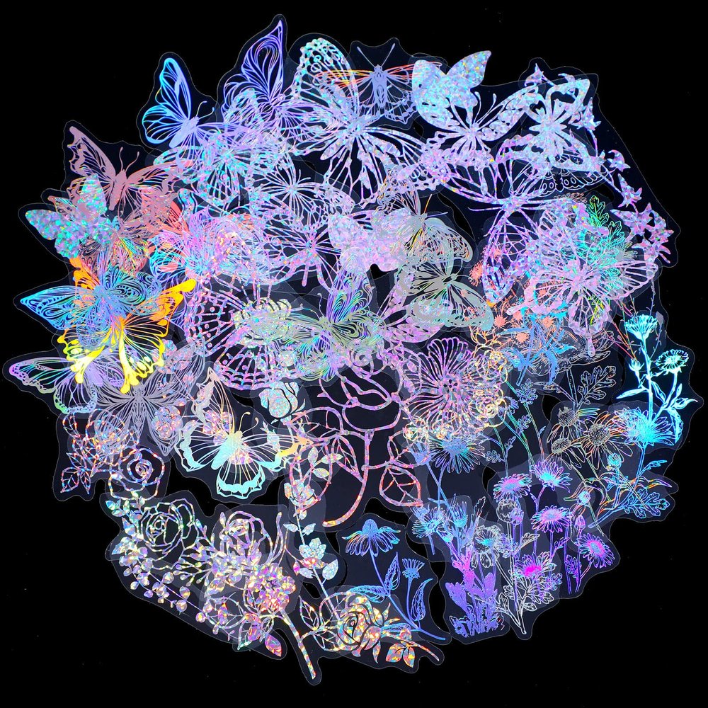 Suclain 180 Pcs Holographic Glitter Butterfly Sticker Set Waterproof Plant Decorative Flower Decal Glitter Adhesive Sticker for Scrapbooking Journal Planner Bottle Laptop(Flowers and Butterflies)
