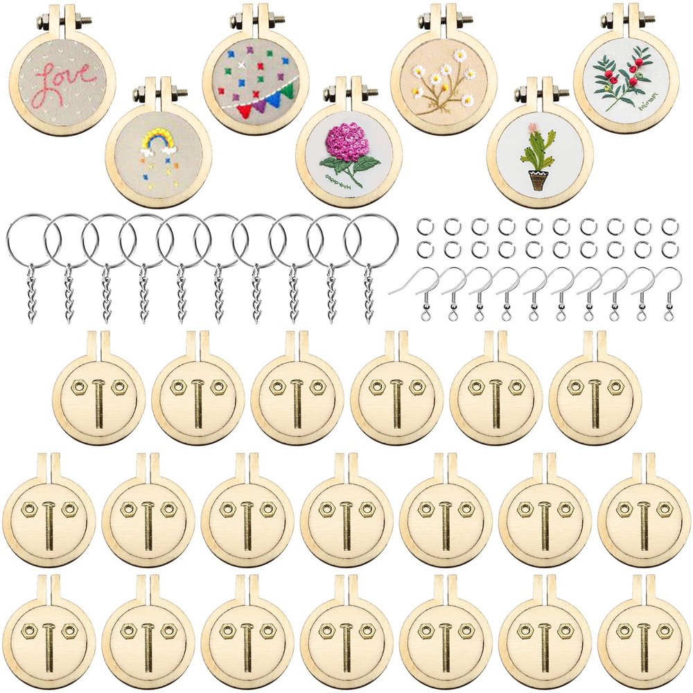 ZOCONE 20 Packs Mini Embroidery Hoops, Small Ring Tiny Embroidery Hoops with Keychain Earring Hooks Jump Rings, Round Wood Hoops for DIY Embroidery Necklace Jewelry Pendant and Keychain