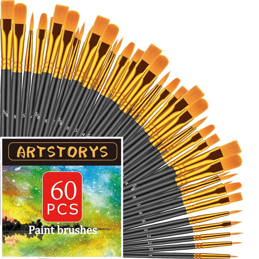 Paint Brushes Set, 60 Pcs Paint Brushes for Acrylic Painting, Oil Watercolor Acrylic Paint Brush, Artist Paintbrushes for Body Face Rock Canvas, Adult Drawing Arts Crafts Supplies, Black