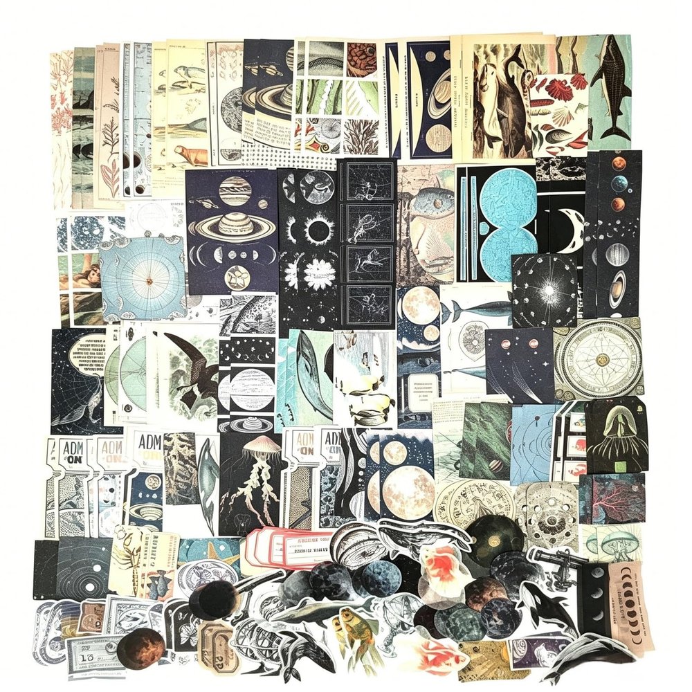 Esweny 200 Pieces Vintage Ephemera Scrapbooking Supplies Pack for Journaling, Decoupage Paper Scrapbook Stickers Kit for Junk Journal Planners Collage Craft Notebooks Album (Space and Sea)