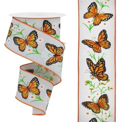 Craig Bachman 2.5" x 10 Yds Monarch Butterfly with Daisies Wired Edge Ribbon, Cream Pongee Fabric for Spring Wreaths, Summer Floral DIY Crafts, and Gift Wrap, Item RGE1506C2