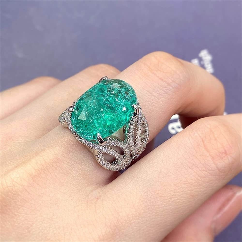 Vintage 925 Sterling Silver Full Diamond Ring Oval Cut Large Carat Green Gem Promise Rings CZ Diamond Multi Row Eternity Engagement Wedding Band Ring for Women HM428 (6)
