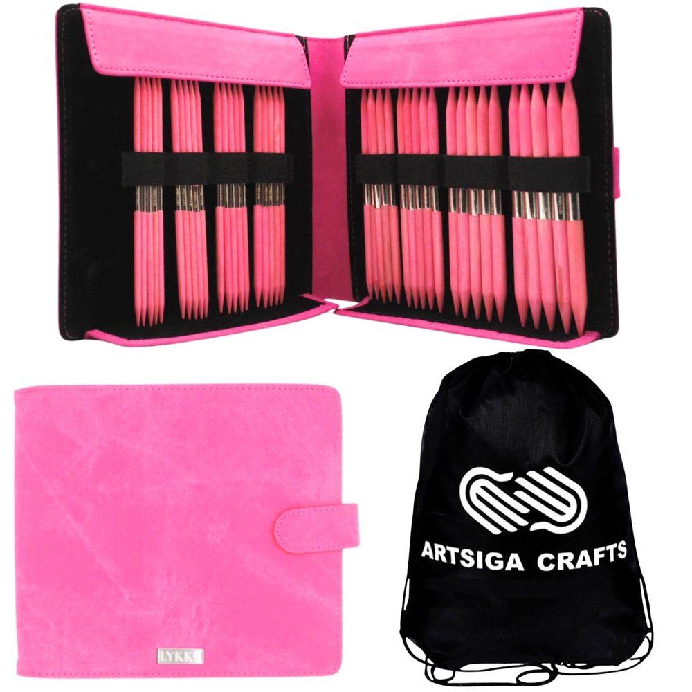 Lykke Blush 6 in. Large Set US Sizes 6, 7, 8, 9, 10, 10.5, 11, 13 DPN Double Point Knitting Needles for DK, Worsted, Chunky, Super Chunky Yarn, Birchwood with Fuchsia DM Case, Project Bag