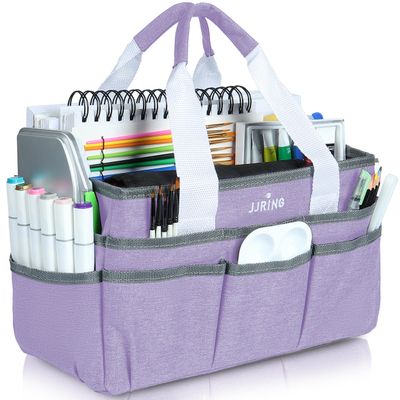 JJRING Craft Organizer Tote Bag, Art Storage Caddy with Multiple Pockets, Lilac Sewing Bag for Art, Craft, Scrapbooking, Medical, and Office Supplies Storage