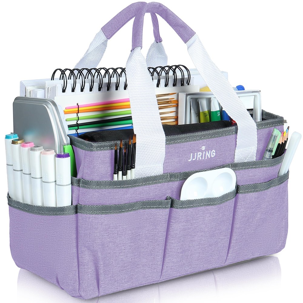 JJRING Craft Organizer Tote Bag, Art Storage Caddy with Multiple Pockets, Lilac Sewing Bag for Art, Craft, Scrapbooking, Medical, and Office Supplies Storage