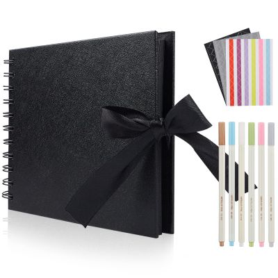 60 Pages Small Scrapbook Album with 6 Metallic Markers, 8.5 x 5.9 Inches Black Paper Photo Album for Wedding Anniversary, Family DIY Scrapbook Accessories