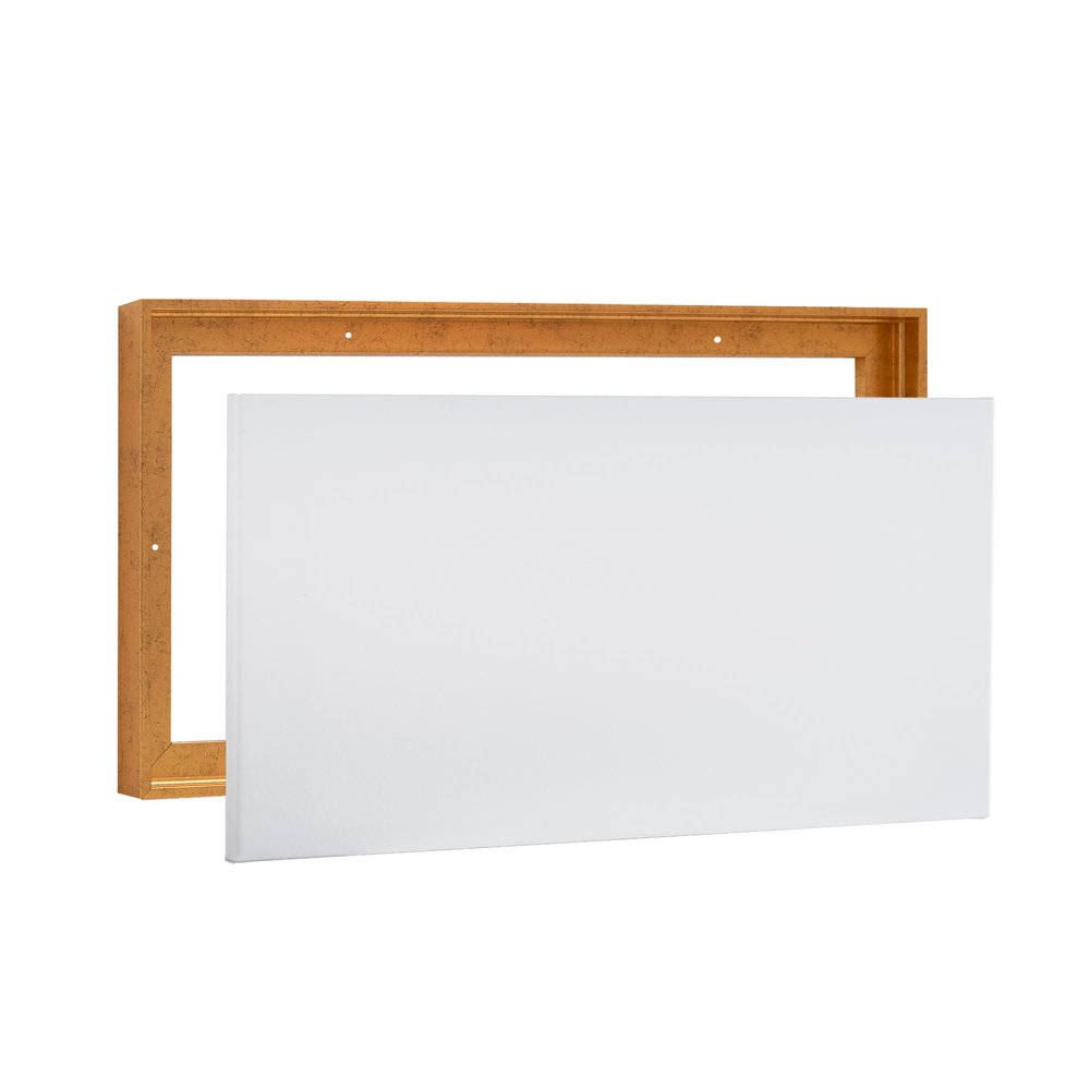 Combo Pack: Floater Frame + 12x36 inch Stretched Canvas for Painting, 1-3/8" Frame + 3/4" Blank Canvas 12oz Primed 100% Cotton Canvas Fabric (Scratched Gold & Cream, 12 x 36 inch)